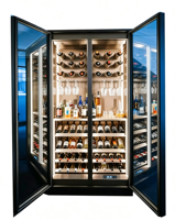Cave à vin de luxe à double porte vitrée, température constante, compresseur, étagères en bois massif et acier, pour bar à domicile et présentation commerciale