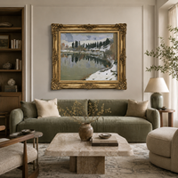 Pintura al Óleo de Lago de Montaña Invernal, Bosque Nevado con Reflejos, Arte de Pared de Paisaje Vintage, Marco de Madera, Tamaño Personalizado para Hotel