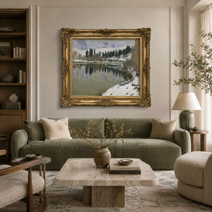 Winter Bergsee Ölgemälde auf Leinwand, verschneiter Wald mit Reflexion, Vintage-Landschaft Wandkunst, Holzrahmen, individuelle Größe, handgefertigt - Product Image 2