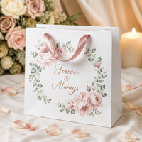 Sacs cadeaux de mariage personnalisés en papier blanc avec logo floral pivoine en feuille d'or rose, poignée en ruban de satin, emballage cadeau pour douche nuptiale