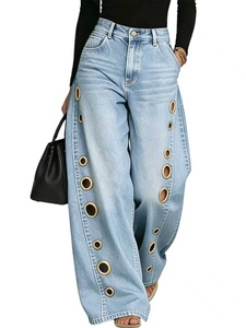 <span class=keywords><strong>Jean</strong></span> baggy pour <span class=keywords><strong>femme</strong></span> YUANBOFEI, coupe vintage, taille haute, en denim <span class=keywords><strong>bleu</strong></span>, décontracté, jambe large avec découpes latérales à œillets - Product Image 2