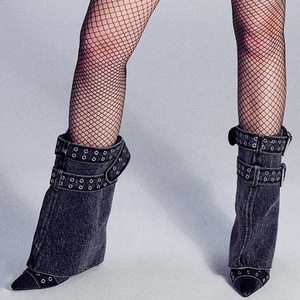 Black Denim Buckles Trendy Short Overlay Booties High Wedge Heel Mid-Calf Shaft <b>Boots</b> for Women Pointy Toe Shoes - Product Image 1