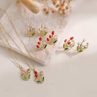 Parure de bijoux élégante florale en cuivre, zircon doré, motif tulipe, pour femmes et enfants : boucles d'oreilles, collier et bague