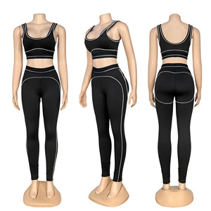 Yoga Sets Scoop Neck Spaghetti Strap Full Length Color Blocking Contrast <b>Stitch</b> Spandex Nylon <b>Leggings</b> With Bra Pad - Product Image 6