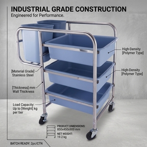 Chariot de collecte de vaisselle robuste en acier inoxydable à pousser à la main avec bacs, haute efficacité pour hôtels et restaurants - Product Image 5