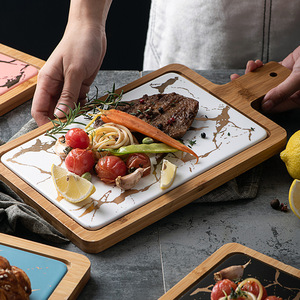 Assiette à steak en céramique marbrée de luxe pour restaurant occidental, planche à charcuterie, planche à découper en bois avec poignée - Product Image 6