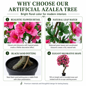 Arbre d'azalée <span class=keywords><strong>en</strong></span> soie artificielle 150 cm, toucher réel, résistant aux UV, écologique, ignifuge, plante fleurie artificielle, fleurs rose vif - Product Image 6