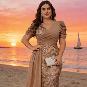 Robe <span class=keywords><strong>de</strong></span> mère <span class=keywords><strong>de</strong></span> la mariée grande taille, robe élégante à manches courtes avec panneaux <span class=keywords><strong>de</strong></span> paillettes et col en V <span class=keywords><strong>pour</strong></span> banquet <span class=keywords><strong>de</strong></span> mariage - Product Image 3