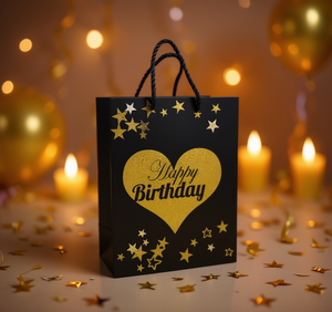 Sacchetto regalo nero e oro della serie compleanno con stelle e design a cuore per la festa di compleanno - Product Image 2