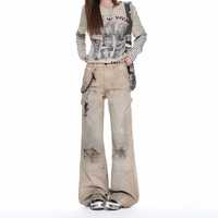 Jeans à jambe droite style vintage et usé, effet vieilli, pour hommes et femmes, de marques streetwear européennes et américaines
