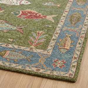 Artistic Green Fish Hand Tufted Wool <b>Rug</b> Featuring Folk Art Coastal Area Carpet Design for Living Room Bedroom <b>Nursery</b> Playroom - Product Image 6