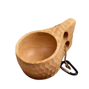 Wood Mug with 2 hole grips Handmade Kuksa Wooden Cup Rubber Wood Drinking Cup for Coffee Tea Milk Backpack Camping Bushcraft