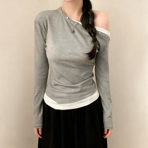 Women Contrast Color Layered Look Off Shoulder Long Sleeve T Shirt Slim Fit Casual <b>Streetwear</b> Bodycon Top - Product Image 4