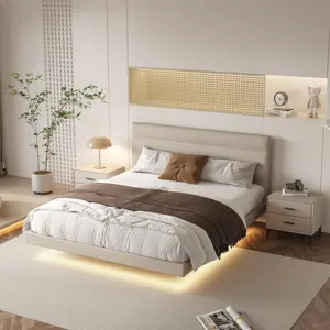 Depot letto imbottito moderno Design semplice a griglia In tessuto di lino bianco di riso dimensioni complete del letto produzione di alta qualità In malesia