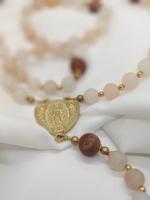 Chapelet catholique Notre-Dame de Guadalupe, aventurine rose mate 8 mm, médaille et crucifix dorés