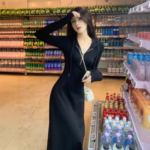 Hooded Long Dress Black Elastic Waist Zipper Solid Color Casual Daily Wear Women's Plus Size Sweatshirt Dress - Product Image 4