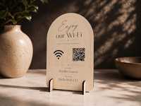 Support de table en bois gravé au laser personnalisé avec code QR pour restaurant, café, hôtel, support de menu WiFi