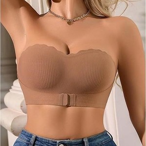 Sutiã sem alças cor sólida Brattle ondulado bordas dianteiras botões sutiã das mulheres respirável para mulheres sem costura - Product Image 2