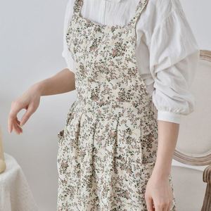 Vintage Floral Big Pockets Home Use Baking Cotton Linen Maxi Skirt Cross Back Women <b>Aprons</b> - Product Image 5