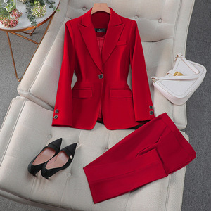 Women's Red Suit <b>Set</b> Slim Fit Wool <b>Blazer</b> Pants Office Lady Work Wear Commute Interview Formal Outfit Full Sleeve Anti-Wrinkle - Product Image 1