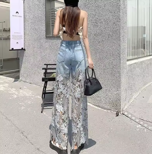 Donne Sexy <span class=keywords><strong>Pantaloni</strong></span> Larghi del Piedino Sheer Mesh Stella Stampa Splice Denim <span class=keywords><strong>Pantaloni</strong></span> A <span class=keywords><strong>Vita</strong></span> <span class=keywords><strong>Alta</strong></span> Casual <span class=keywords><strong>Pantaloni</strong></span> Allentati Dei Jeans di Modo Del Partito <span class=keywords><strong>pantaloni</strong></span> - Product Image 6