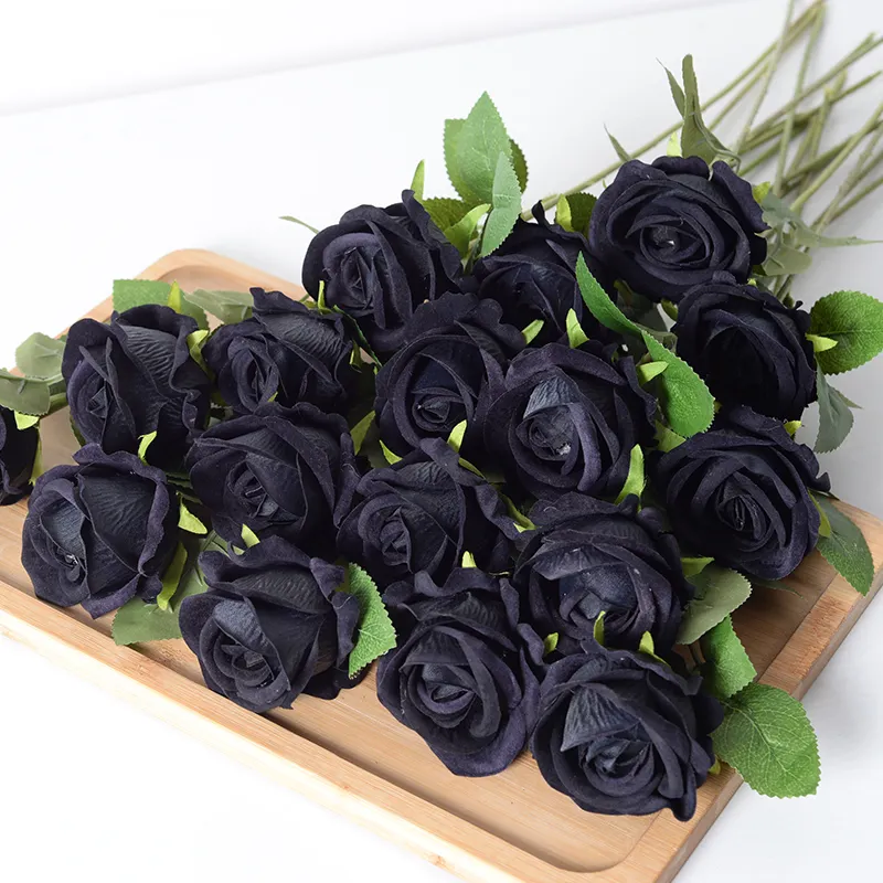 Hot Sale Single Velvet black Rose Bulk Wedding Decorative velvet rose artificial flowers for decoration wedding artificial
