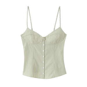 Nouveauté Printemps 2026 Femme : Débardeur en Popeline Rayé à Petites Plis, Boutons Courts, Bretelles Rétro, Col en V, Tendance Décontractée - Product Image 2