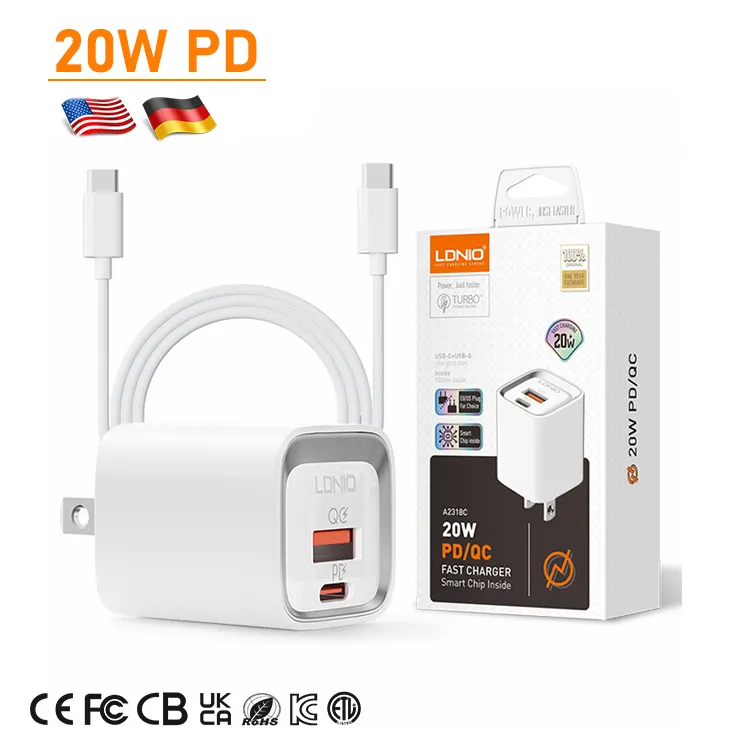 LDNIO A2318C UE US Plug Dual USB Tipo C PD 20 W Carregador de parede Carregador rápido adaptador de carregador de telefone para iphone 15 14 13 12 Pro Max