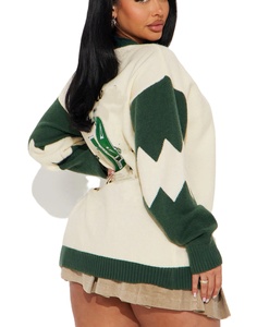 Cardigan vert personnalisé avec logo, col en V, double boutonnage, manches longues, tricoté, décontracté, patchwork, couleurs contrastées - Product Image 2