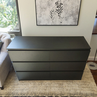 Commode double contemporaine noire à 6 tiroirs, design sans poignée, instructions d'assemblage interactives 3D pour la maison, le bar, la chambre à coucher