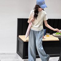 Ensemble de vêtements d'été pour enfants 2026 – T-shirt beige à manches courtes pour adolescentes + Jean scintillant – Tenue décontractée 2 pièces