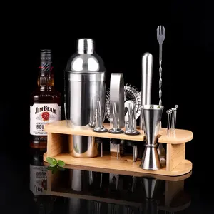 Creation Factory Direct 16Pcs Barware Product Kit Bartender Bamboo Wood Stand Bar Tools Cocktail Shaker Set Stainless Steel