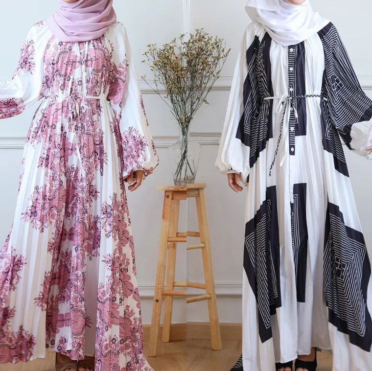Vestido de roupão feminino muçulmano solto e casual com mangas lanterna dobradas, saia longa estampada de grande popularidade, novidade do sudeste asiático, 2024