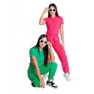 Venta al por mayor de cremallera estilo Tops elásticos bolsillos de carga pantalones uniformes de hospital Spandex enfermería Scrubs Set - Product Image 6