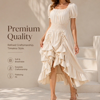 Robe midi décontractée pour femme, col carré, manches bouffantes, taille smockée, volants irréguliers, uniforme de bureau, OEM ODM, logo personnalisé