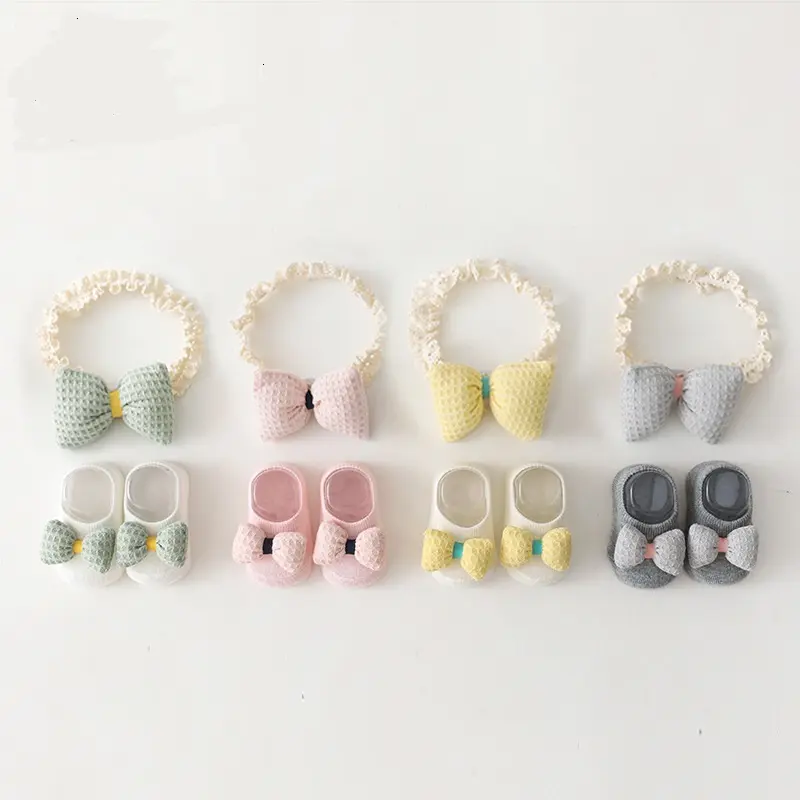 Conjunto de meias e tiara para bebês recém-nascidos, meias antiderrapantes para bebês, laço