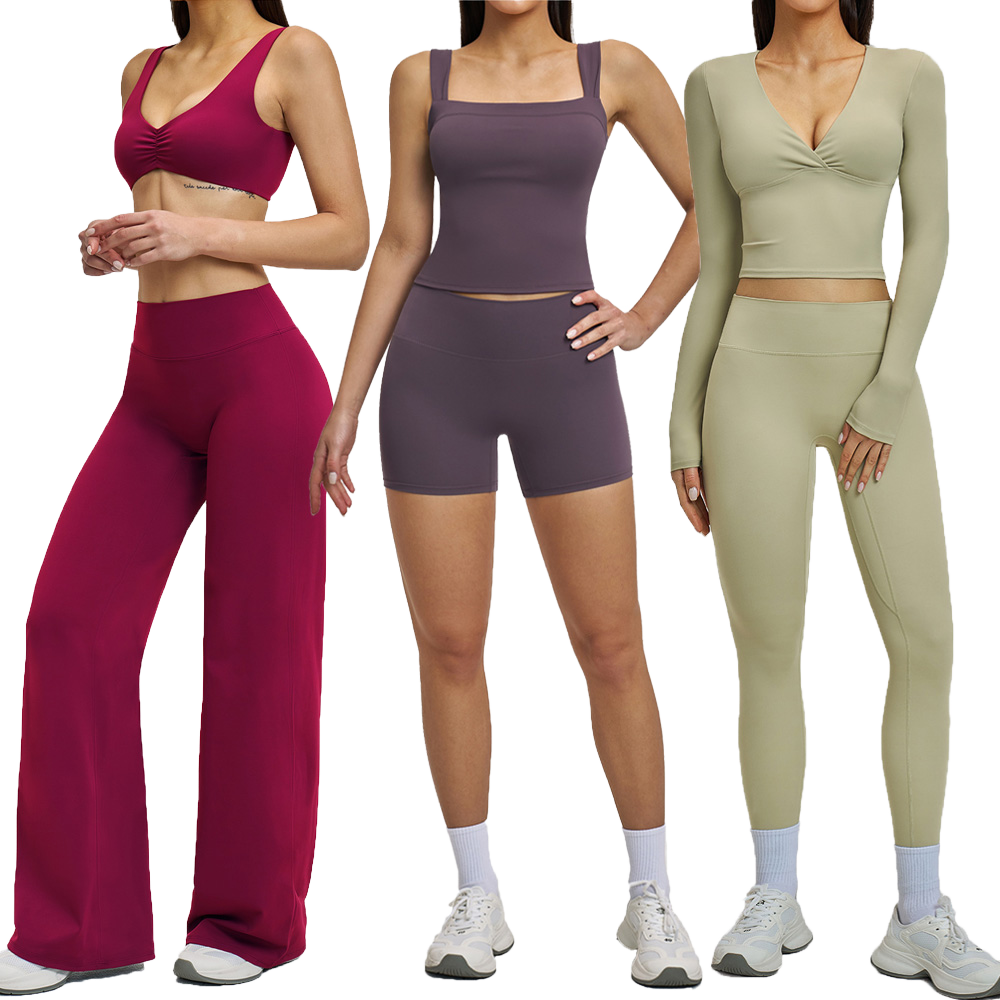 Wholesale Custom Logo Solid Sports Bra Yoga Pants 3-Piece Set Women Non-adjusted Straps Mid Elastic Waist 150g Quick Dry