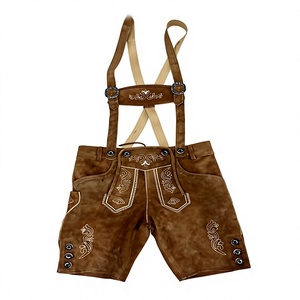 Shorts en cuir bavarois pour homme, taille haute, motif floral brodé, style vintage, fermeture boutonnée, longueur Bermuda - Product Image 1