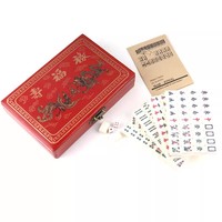 Jeu de tuiles de mahjong de style antique, 144 pièces, fait main, motif Dragon Phénix, instructions en anglais, mini kit, intérieur en bois, boîte en cuir