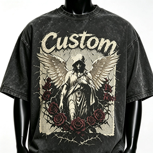 T-shirt Vintage Oversize con Cappuccio e Ricamo Angelo, Effetto Acido, Stile Gotico, con Ali, Rose Scure e Spine, Streetwear - Product Image 3