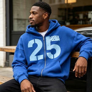 Custom Distressed Number Print <b>Zip</b> Up Hoodie Men Oversized Boxy Fit Blue Full <b>Zip</b> <b>Hooded</b> Jacket Custom Logo Streetwear - Product Image 3