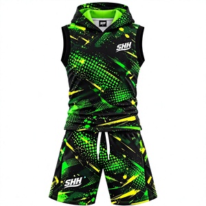 Ensemble Maillot et Short de Basketball Personnalisé Noir Vert Citron Sans Manches à Capuche avec Motif Graphique Demi-Ton Jaune Effet Éclaboussures Sublimé pour Équipe - Product Image 1