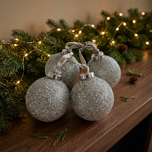 Silver Glitter <b>Wooden</b> <b>Christmas</b> <b>Baubles</b> Hanging Ornaments Embossed Painted Holiday Decor for Living Room - Product Image 3