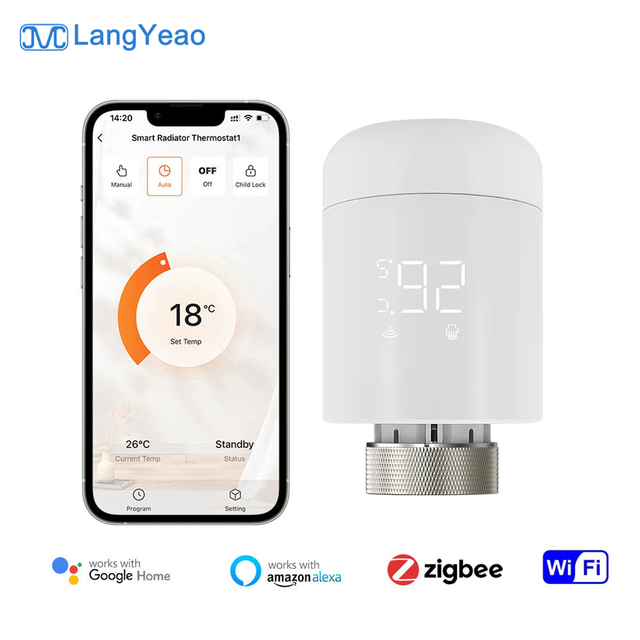 LangYeao WiFi Zigbee Smart TRV Thermostatic Radiator Valve, Battery Powered Works with Alexa Google Home Programmable Schedule