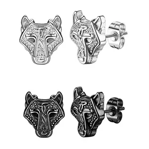 European And American Style Men's Animal Stud Earrings Stainless Steel Versatile Niche Earrings Wolf Head Temperament Earrings