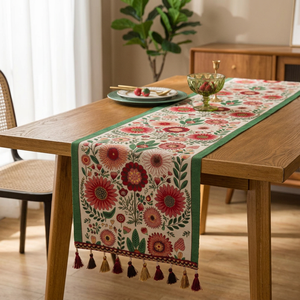 Vintage Floral Garden Yarn Dyed Knitted Jacquard Boho Style 100% Polyester <b>Table</b> <b>Runner</b> with Tassels for Home & Hotel Use - Product Image 1