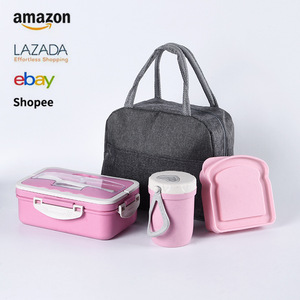 Wheat Straw Lunch Box <b>Set</b> With Container Cup And Bread Case For Student Portable Use - Product Image 3