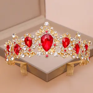 Mahkota Pengantin Tiara Kristal Hijau Biru Merah untuk Pernikahan Aksesori Bando Kepala Pengantin Hiasan Kepala Wanita Perhiasan Sisir Rambut