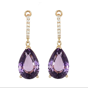 Pendientes de Oro Blanco de 18K con Gema de Amatista en Forma de Lágrima y Barra de Diamantes, Joyería Elegante para Mujer - Product Image 1