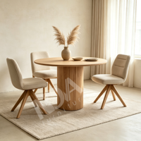 Table à manger ronde en bois crème, table à manger moderne avec base cylindrique en bois de caoutchouc cannelé pour salle à manger